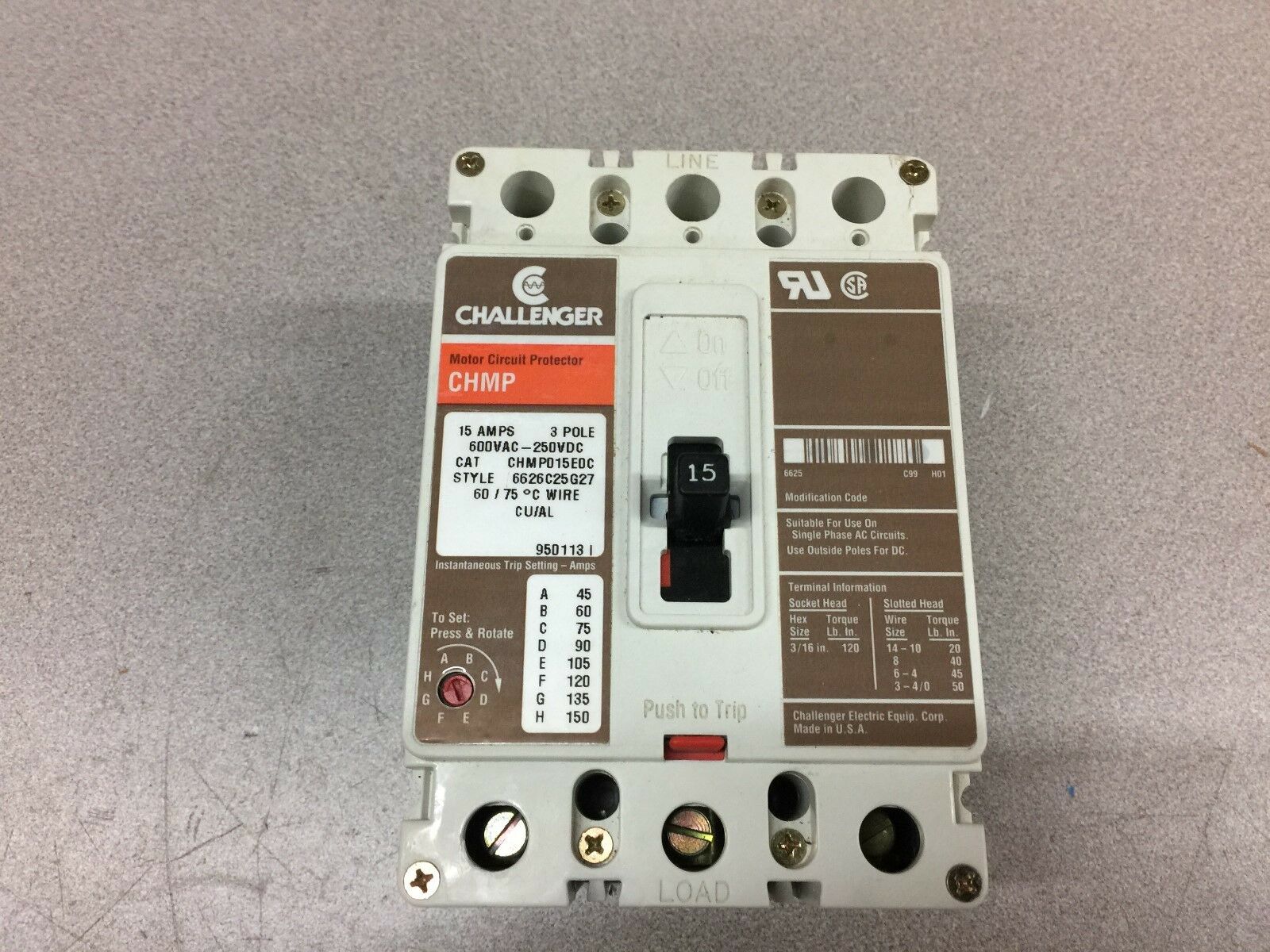 NEW NO BOX CHALLENGER 15AMP 3POLE 600V BREAKER CHMP015E0C