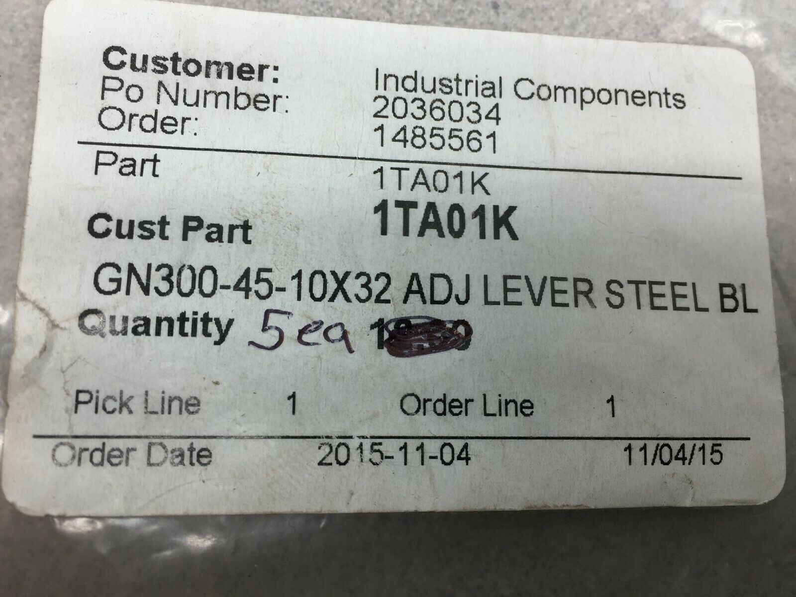 NEW IN BAG (LOT OF 5) INDUSTRIAL COMPONENTS ADJ LEVER STEEL BL 1TA01K