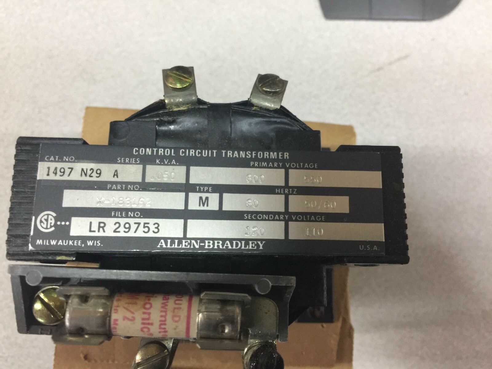 NEW IN BOX ALLEN BRADLEY 50VA 600VPRI 120VSEC CONTROL TRANSFORMER 1497-N29