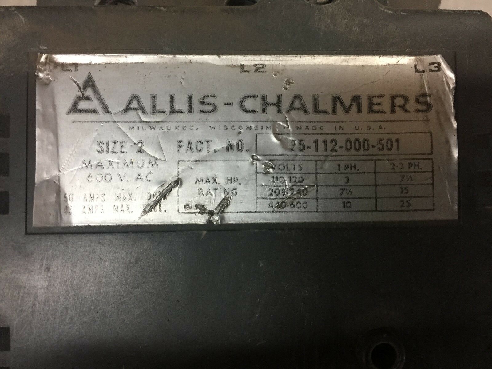 USED ALLIS-CHALMERS SIZE2 600VAC 3PH STARTER 25-112-000-501