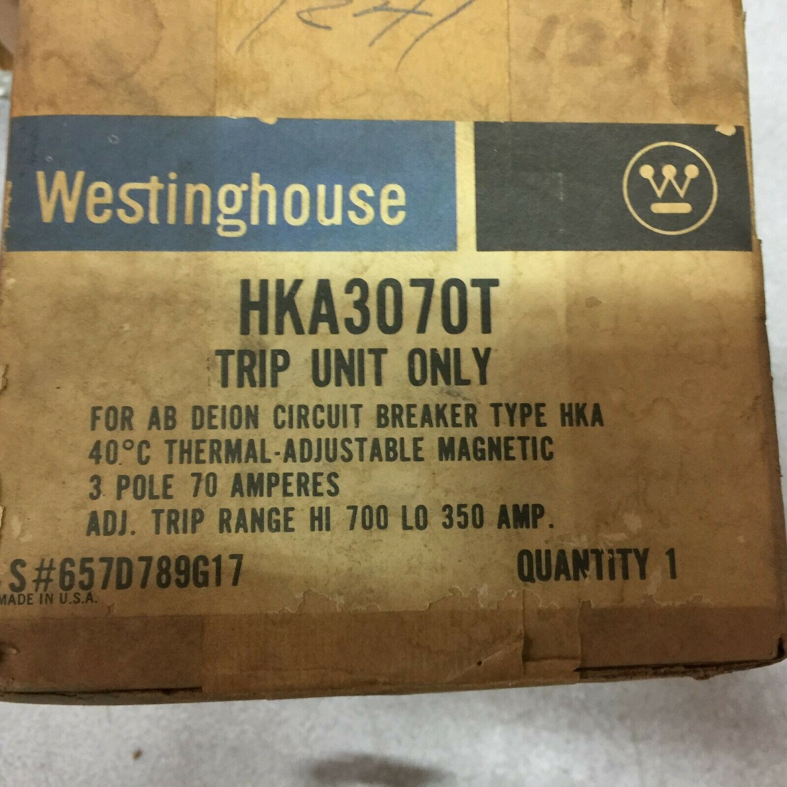 USED WESTINGHOUSE 350-700A 3POLE ADJ MAG TRIP UNIT 657D789G17 / HKA3070T