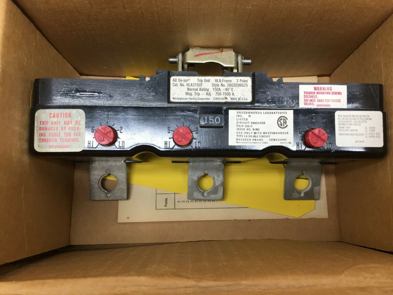 NEW IN BOX WESTINGHOUSE 150AMP 3POLE 750-1500TRIP MAGNETIC TRIP UNIT HLA3150T