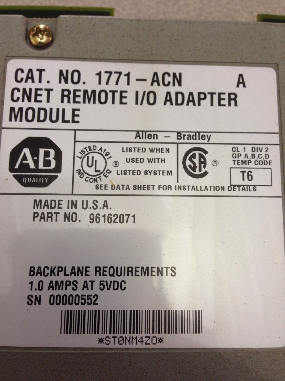 USED ALLEN-BRADLEY PLC-5 CNET REMOTE ADAPTER MODULE 1771-ACN SERIES A