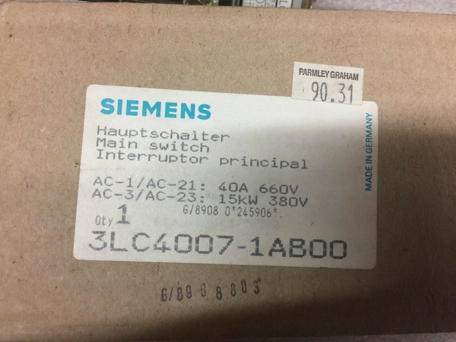 NEW IN BOX SIEMENS MAIN SWITCH 3LC4007-1AB00