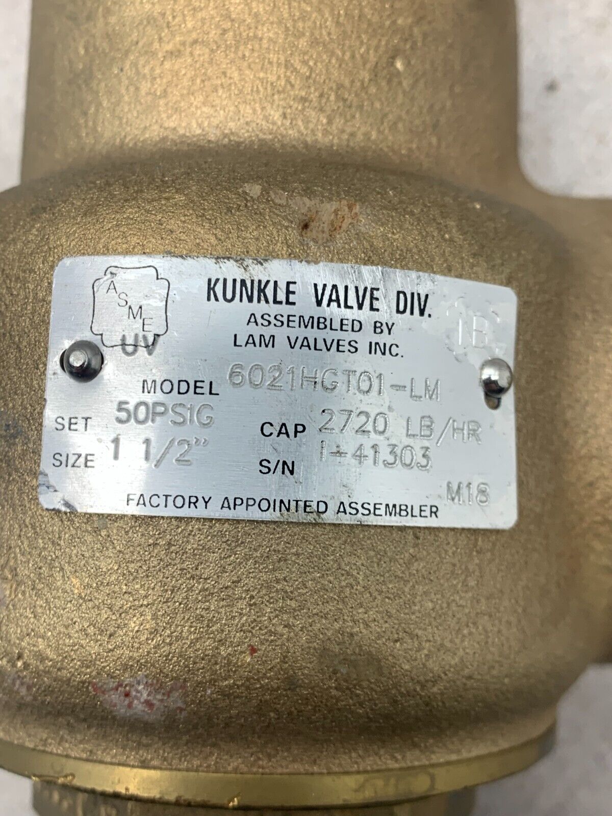 NEW NO BOX KUNKLE 1-1/2" 50 PSIG. RELIEF VALVE 6021HGT01-LM