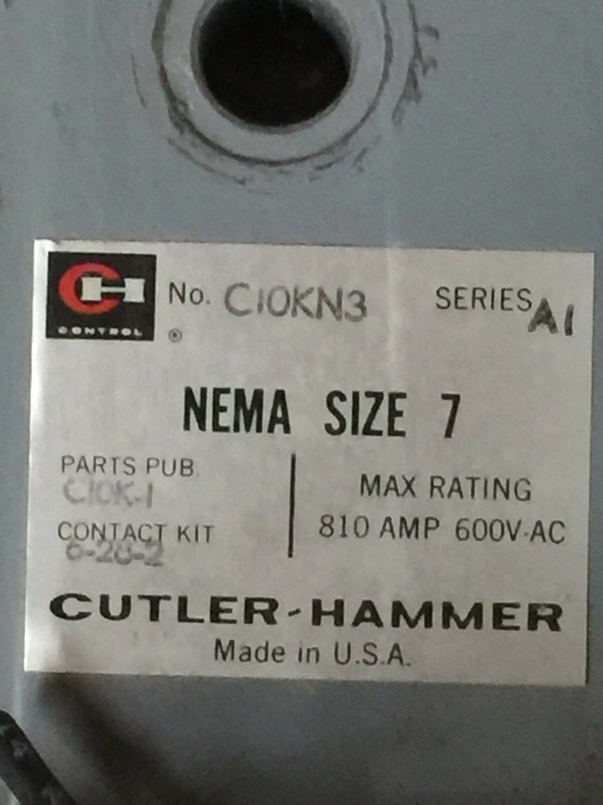 USED CUTLER-HAMMER SIZE 7 STARTER C10KN3 SERIES A1 CONTACTOR