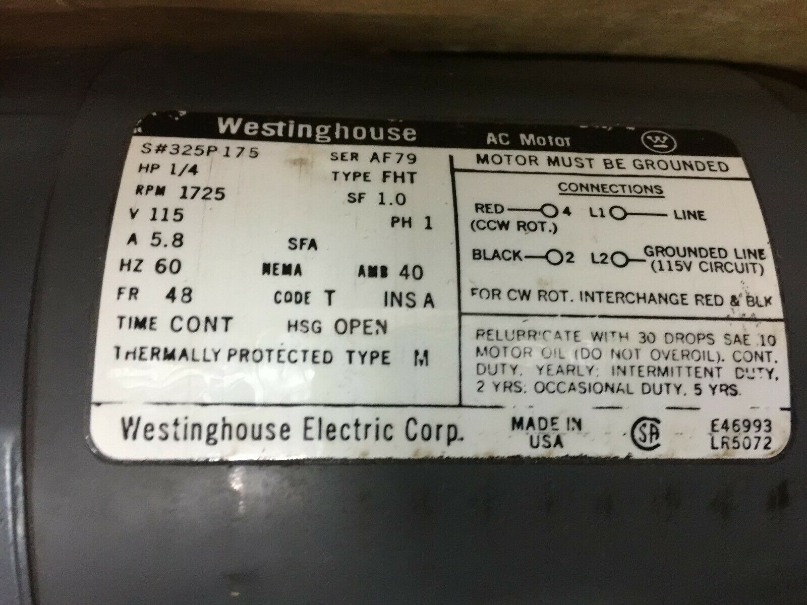 NEW IN BOX WESTINGHOUSE 1/4HP 1725RPM 115VAC SPLIT PHASE 48FR MOTOR 325P175