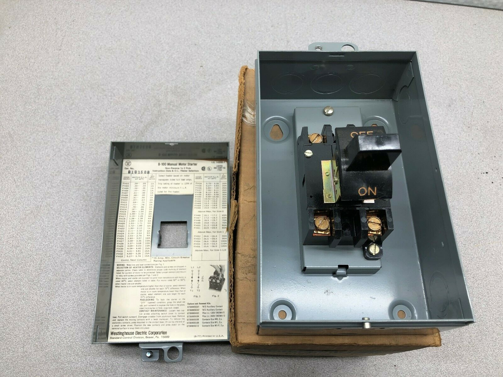 NEW IN BOX WESTINGHOUSE 1 HP 1 PH MANUAL MOTOR SWITCH B101S0B