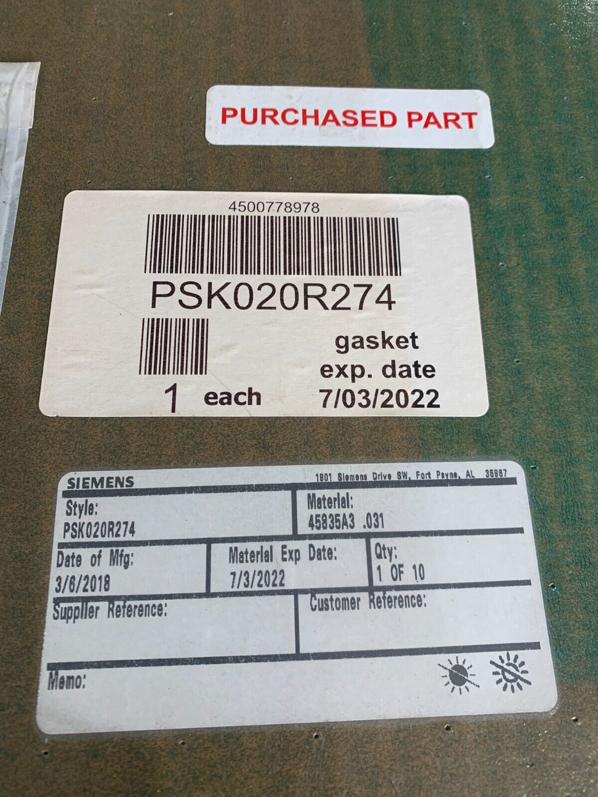 NEW SIEMENS PSK020R274 GASKET MATERIAL 45835A3 .031 SEAL