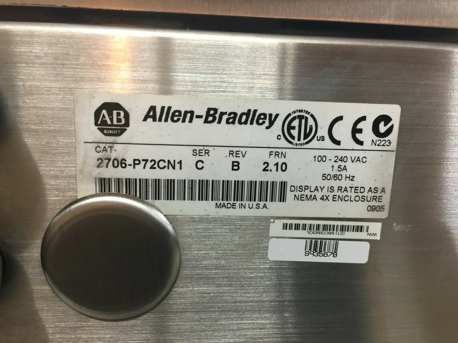 REMANUFACTURED ALLEN BRADLEY INVIEW 100-240 VAC MESSAGE DISPLAY 2706-P72CN1