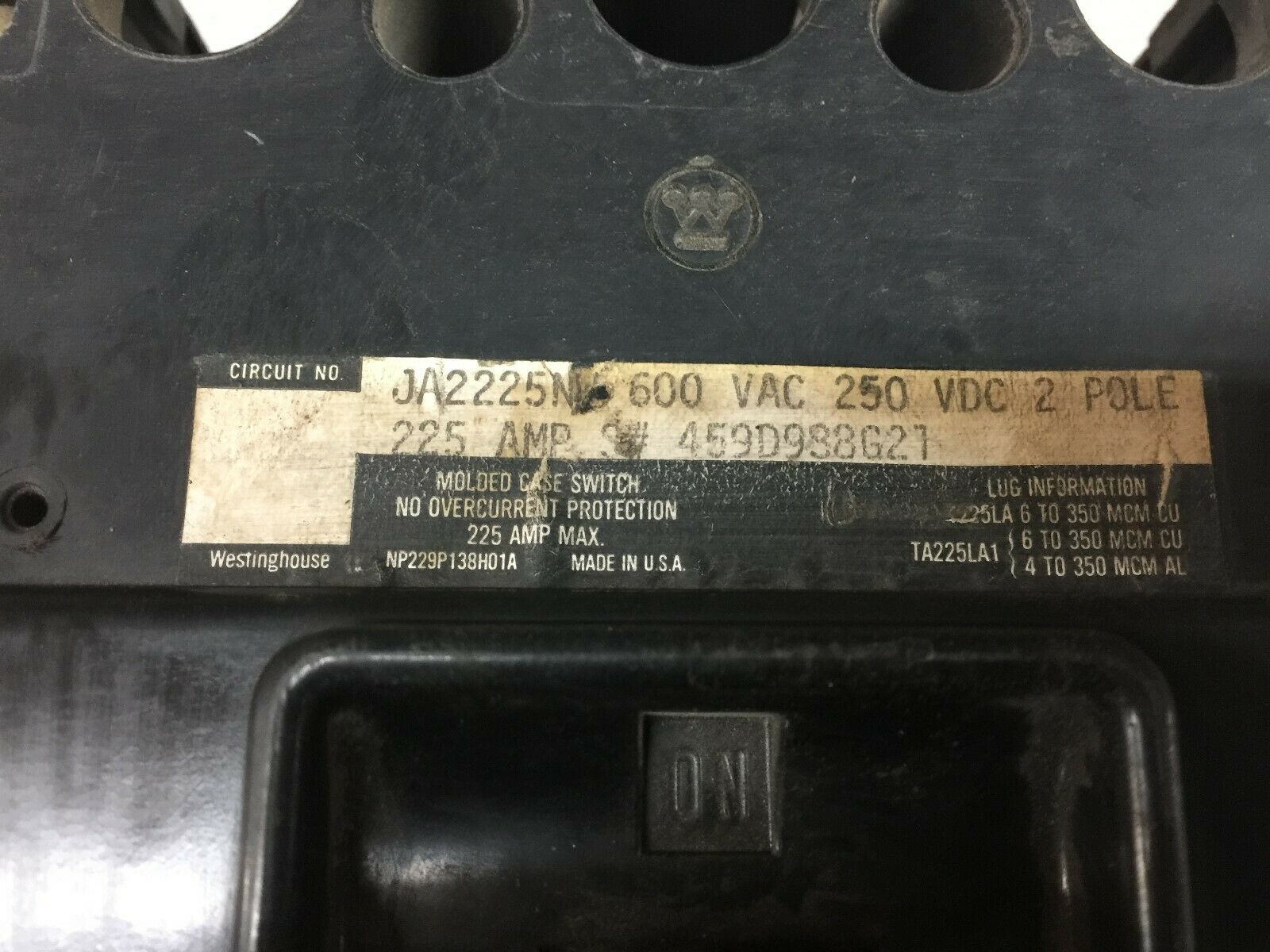 USED WESTINGHOUSE 225AMP 2POLE 600VAC 250VDC BREAKER JA2225NW