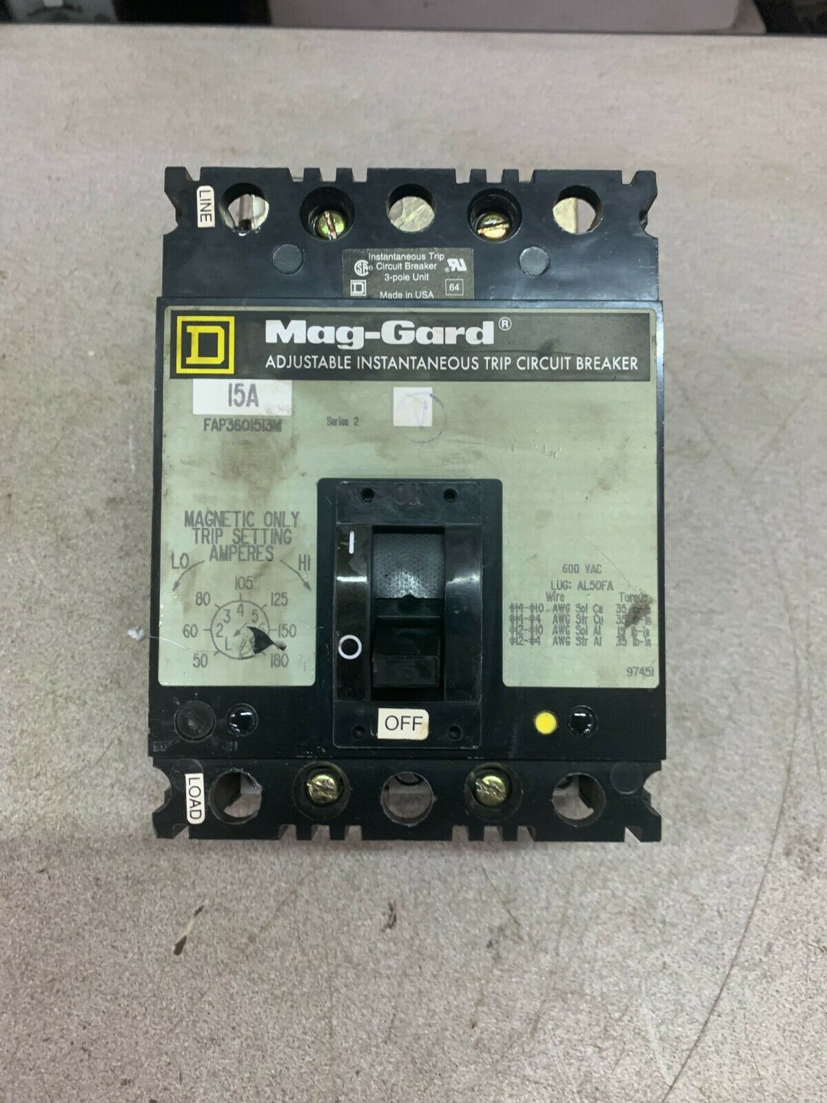 USED SQUARE D 15AMP MAG-GARD CIRCUIT BREAKER FAP3601513M