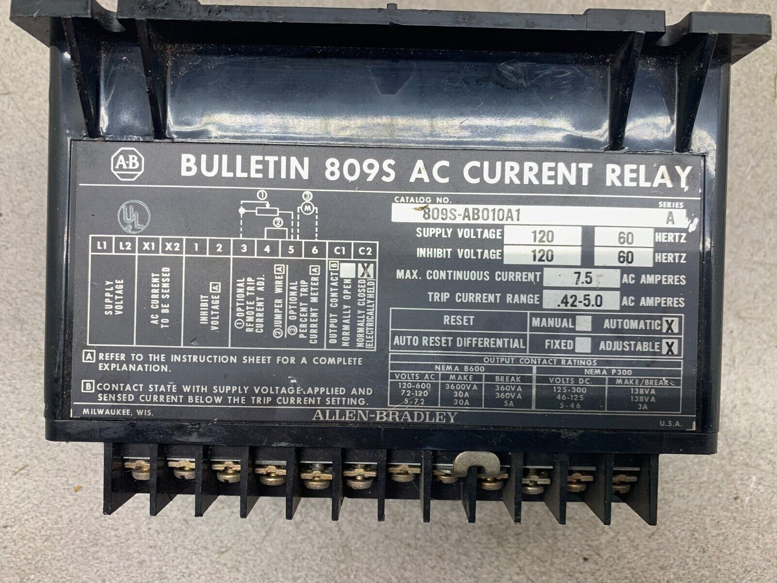 USED ALLEN-BRADLEY CURRENT RELAY 809S-AB010A1 SERIES A