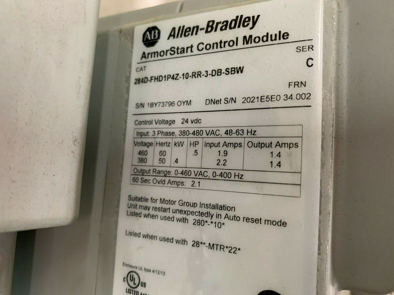 USED ALLEN-BRADLEY ARMORSTART CONTROL DRIVE AND BASE 284D-FHD1P4Z-10-RR-3-DB-SBW