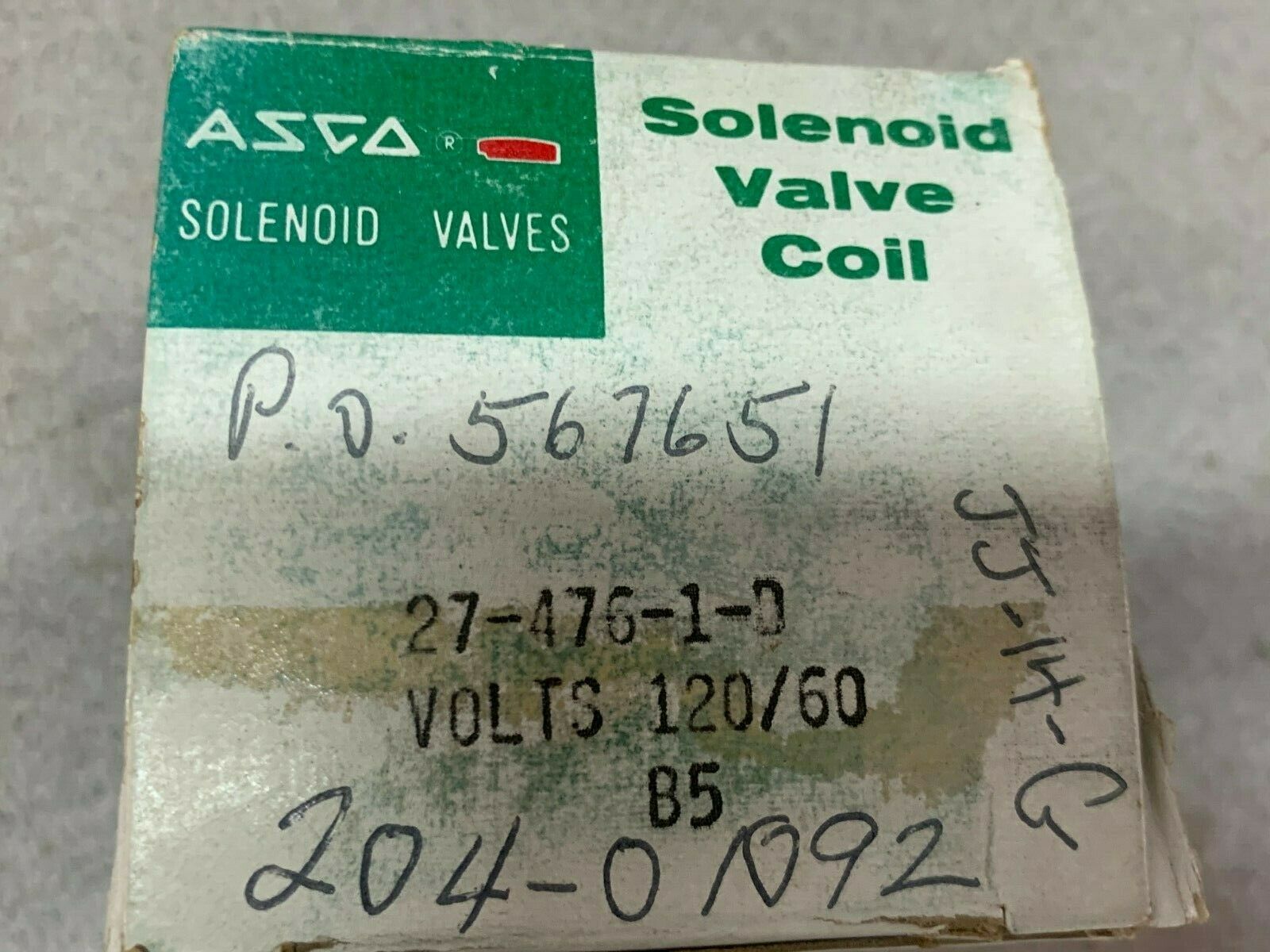 NEW IN BOX ASCO 120VAC. COIL 27-476-1D