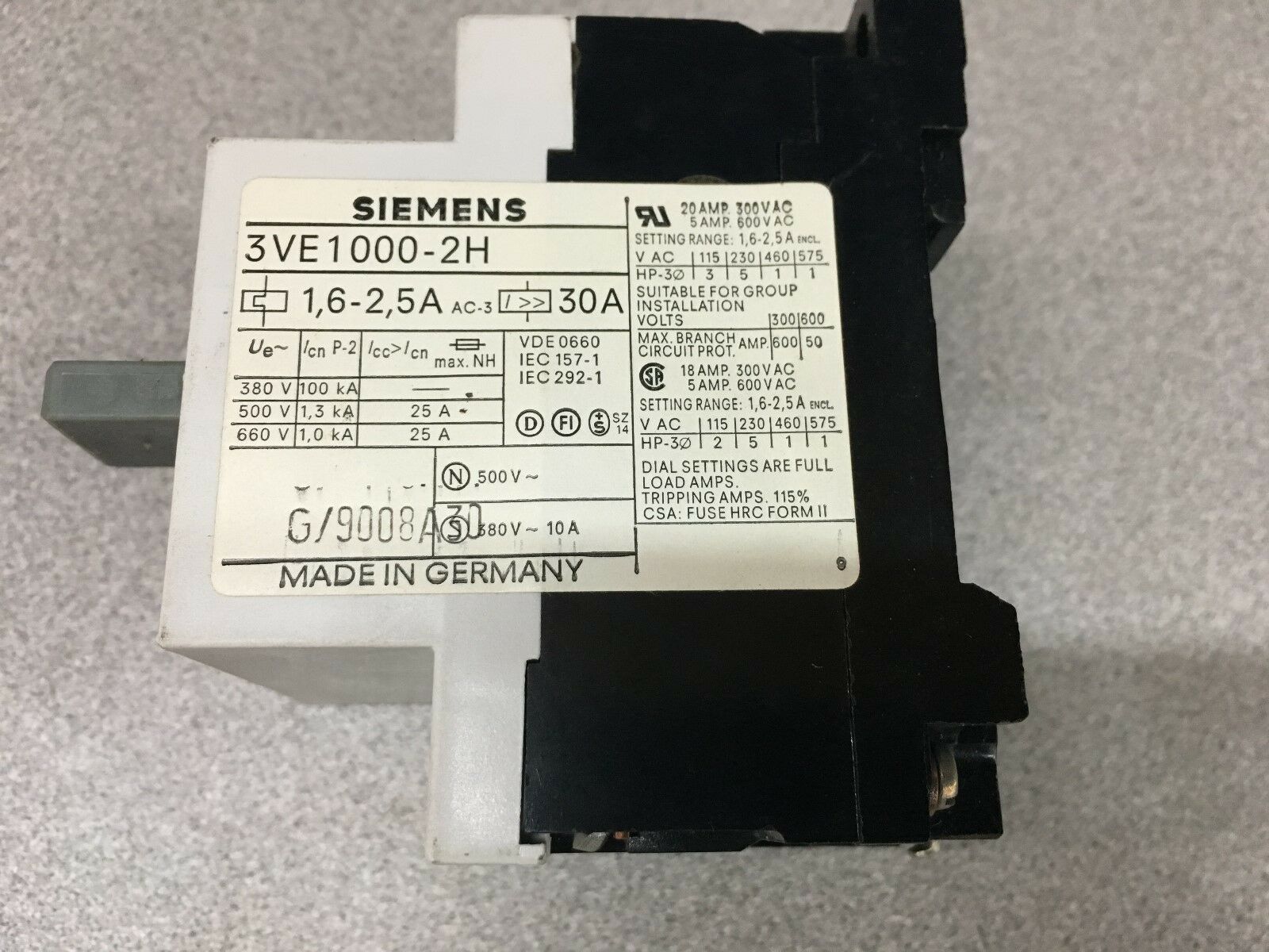 NEW NO BOX SIEMENS MOTOR STARTER PROTECTOR 3VE1000-2H