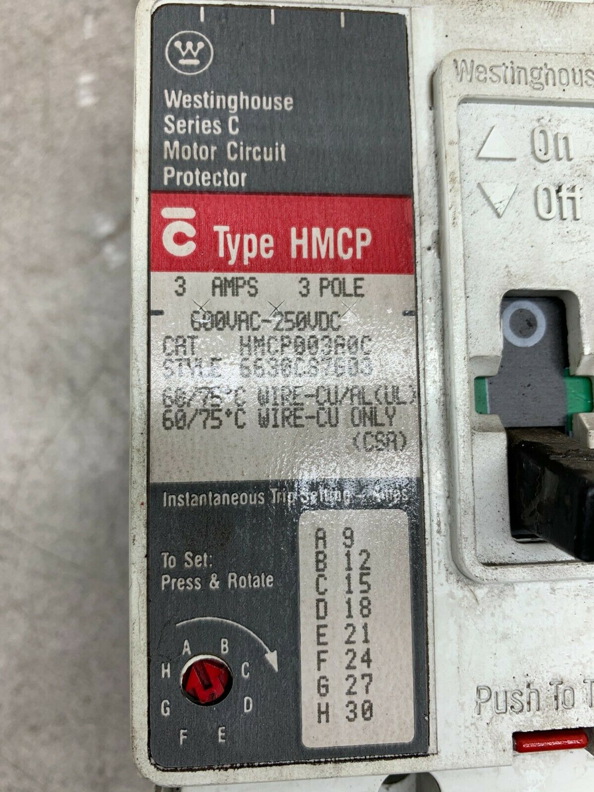 USED WESTINGHOUSE CIRCUIT PROTECTOR 3 AMP 3 POLE HMCP003A0C