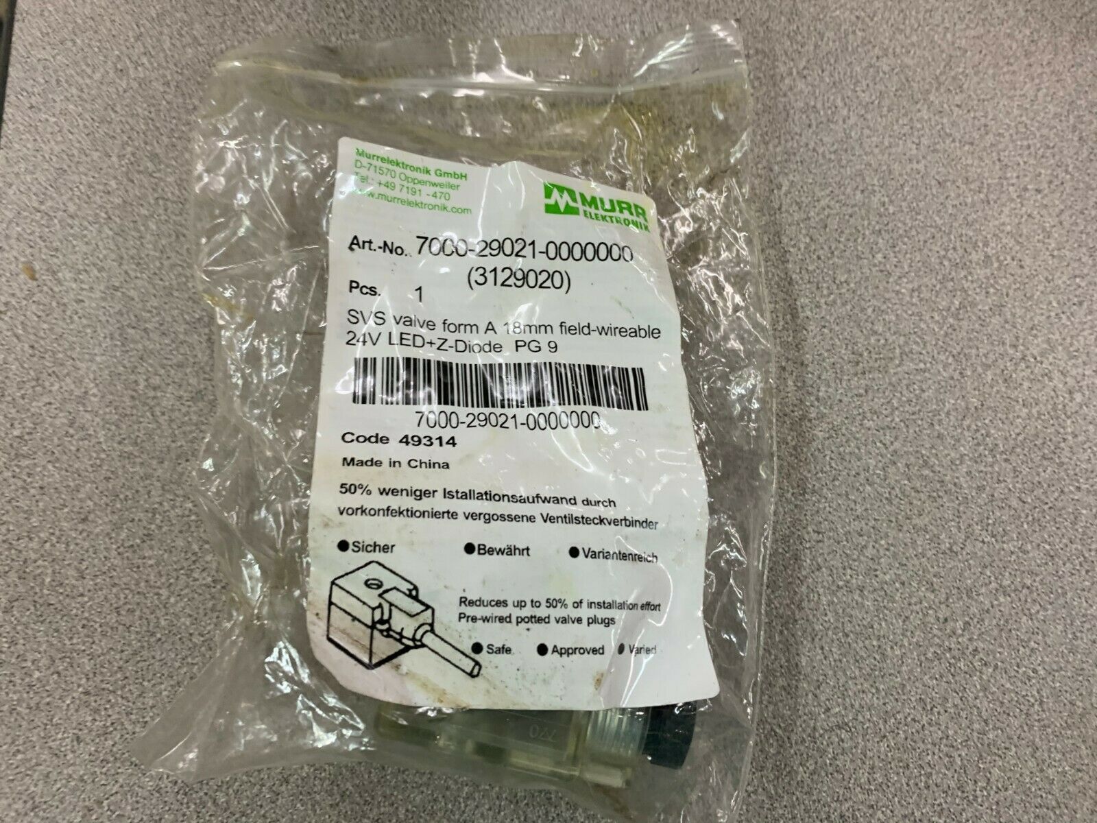 NEW IN BAG MURR VALVE PLUG 7000-29021-0000000