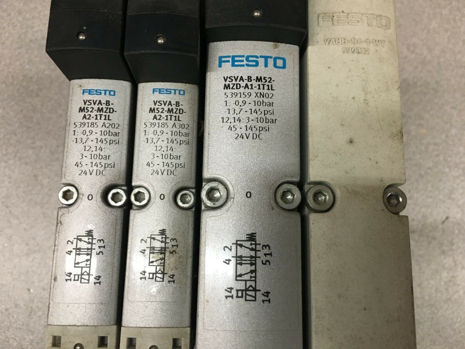 USED FESTO SOLENOID VALVE SETUP VSVA-B-M52-MZD-A1-1T1L WITH VABB-S4-1-WT