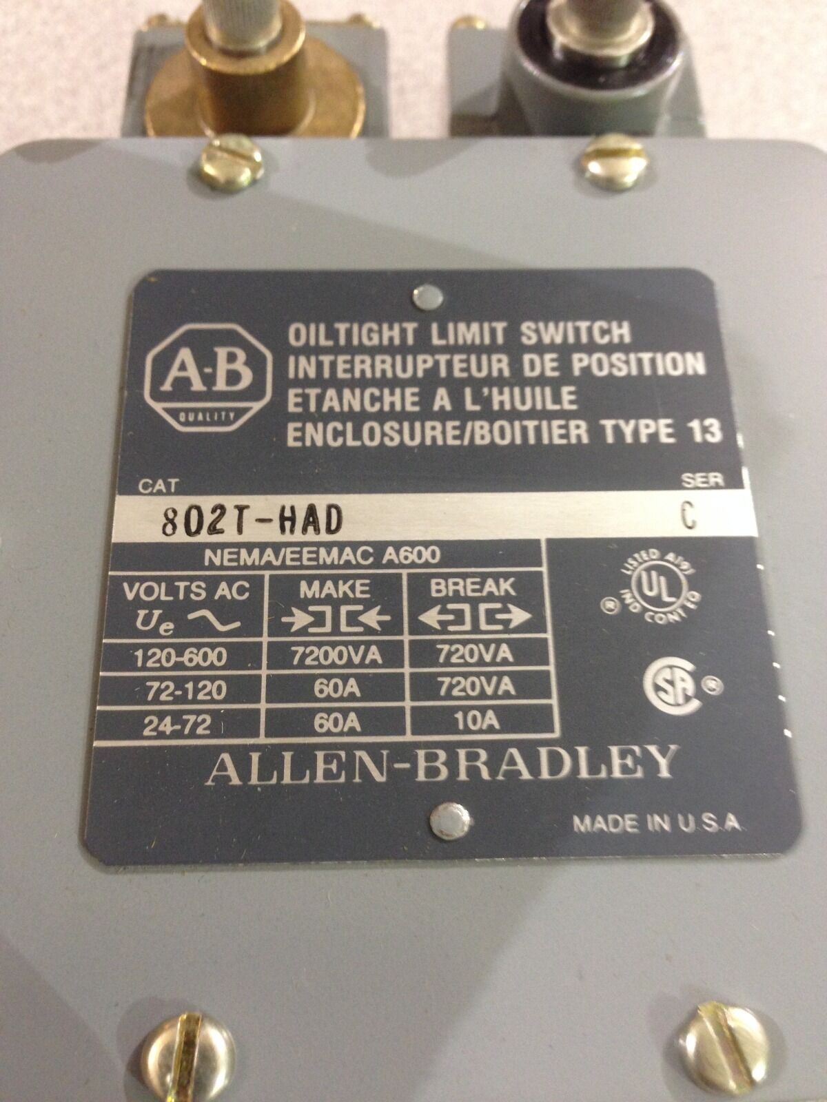 NEW IN BOX ALLEN-BRADLEY DOUBLE HEADED LIMIT SWITCH 802T-HAD SERIES C