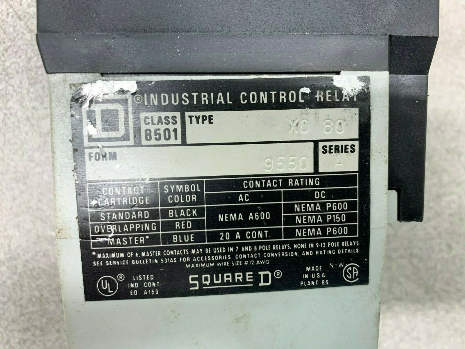 USED SQUARE D RELAY 8501 X080