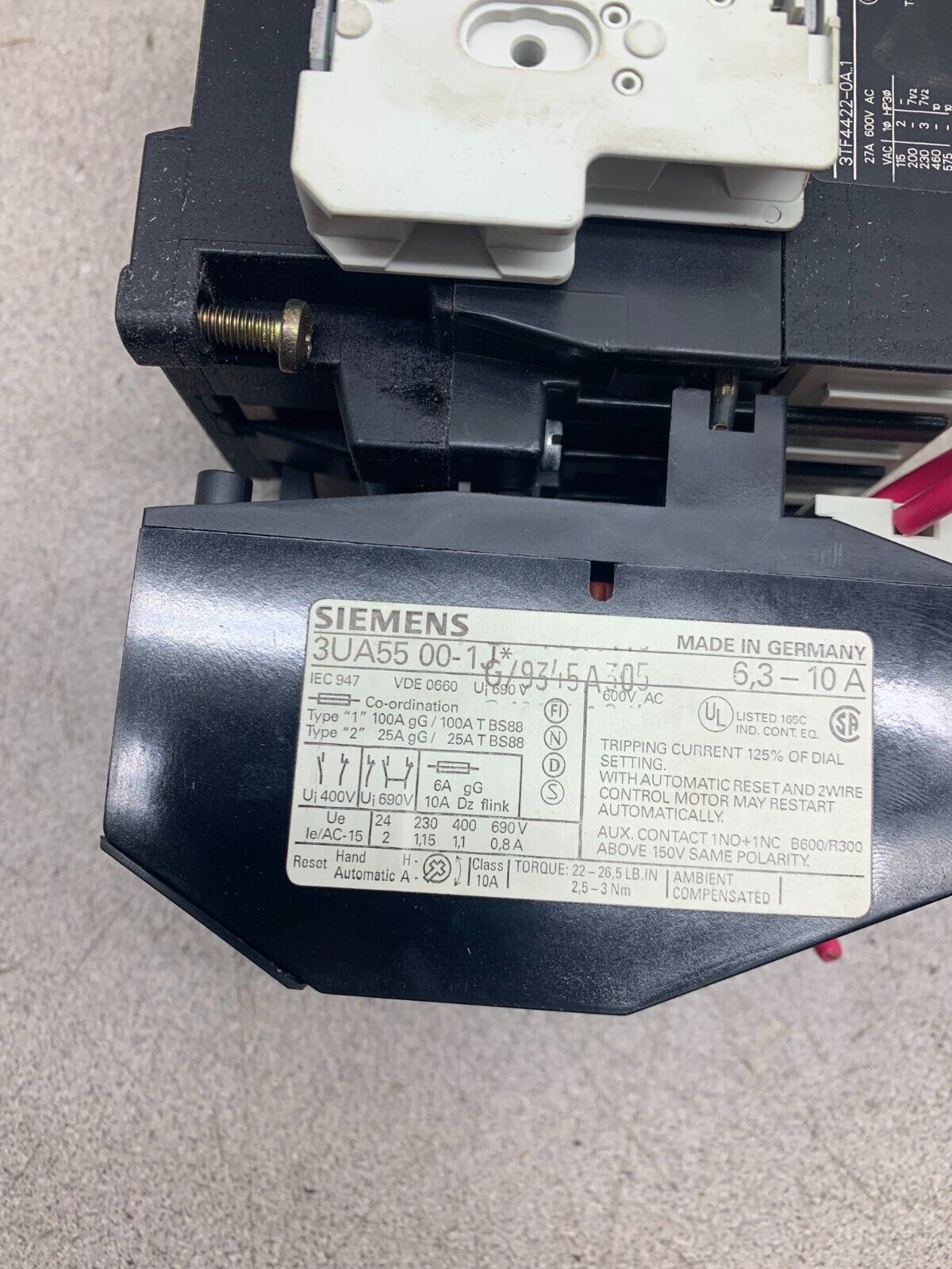 SIEMENS 3TF44 SIZE 1 STARTER 110/120V. COIL WITH 3UA55 00-1J RELAY 3TF4422-0A1