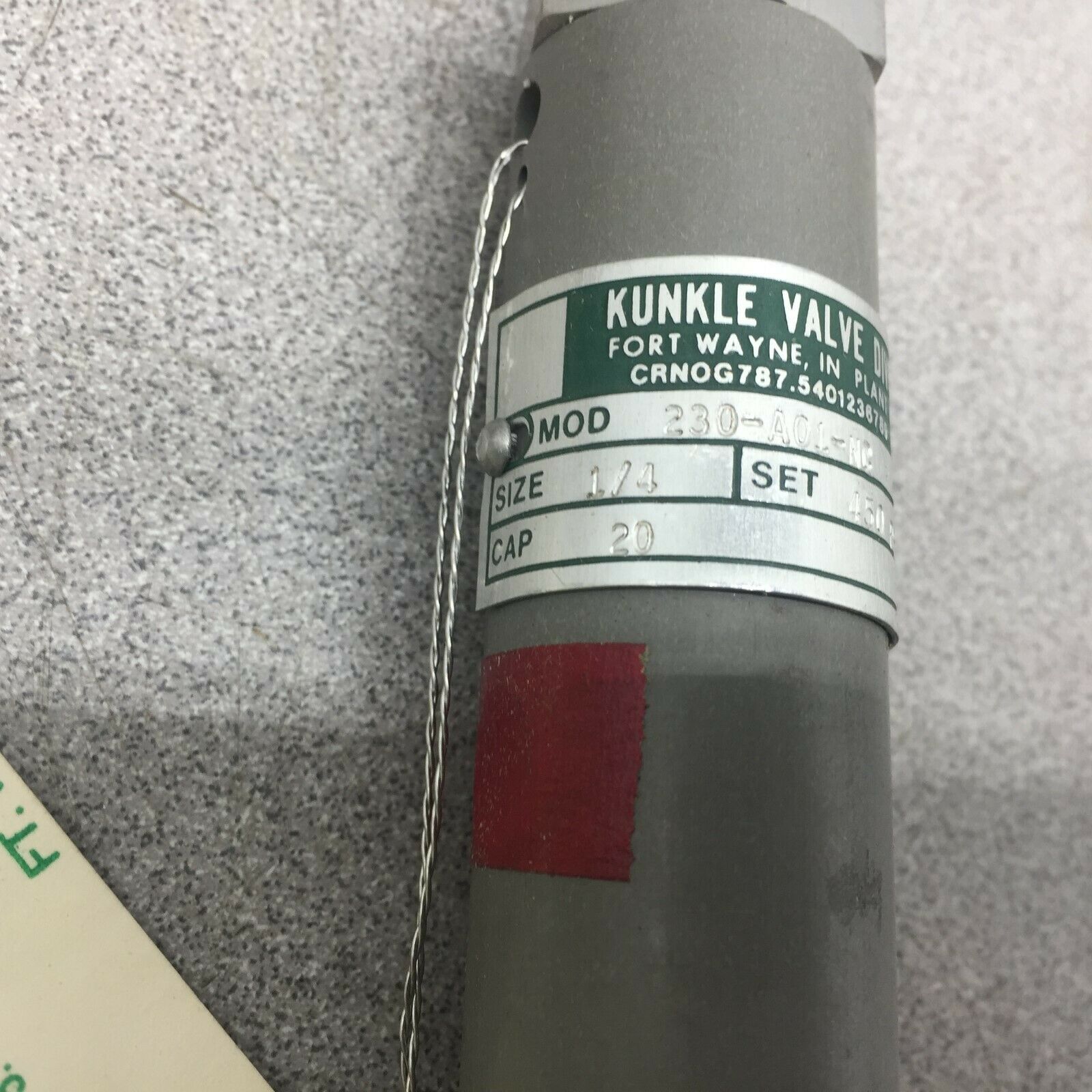 NEW IN BOX KUNKLE VALVE 1/4" 450 PSI SAFETY RELIEF VALVE 230-A01-NC