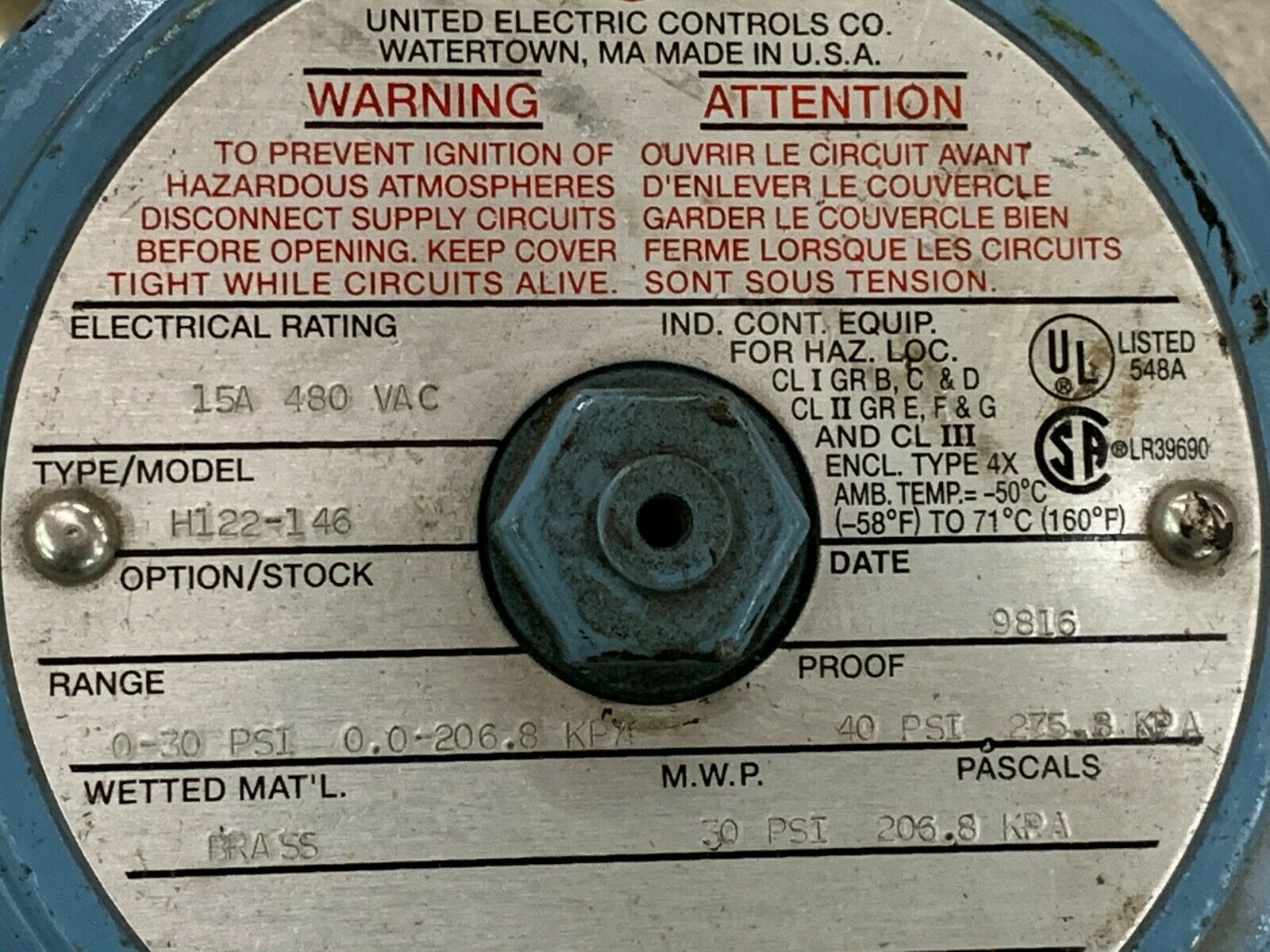 NEW NO BOX UNITED ELECTRIC PRESSURE SWITCH H122-146