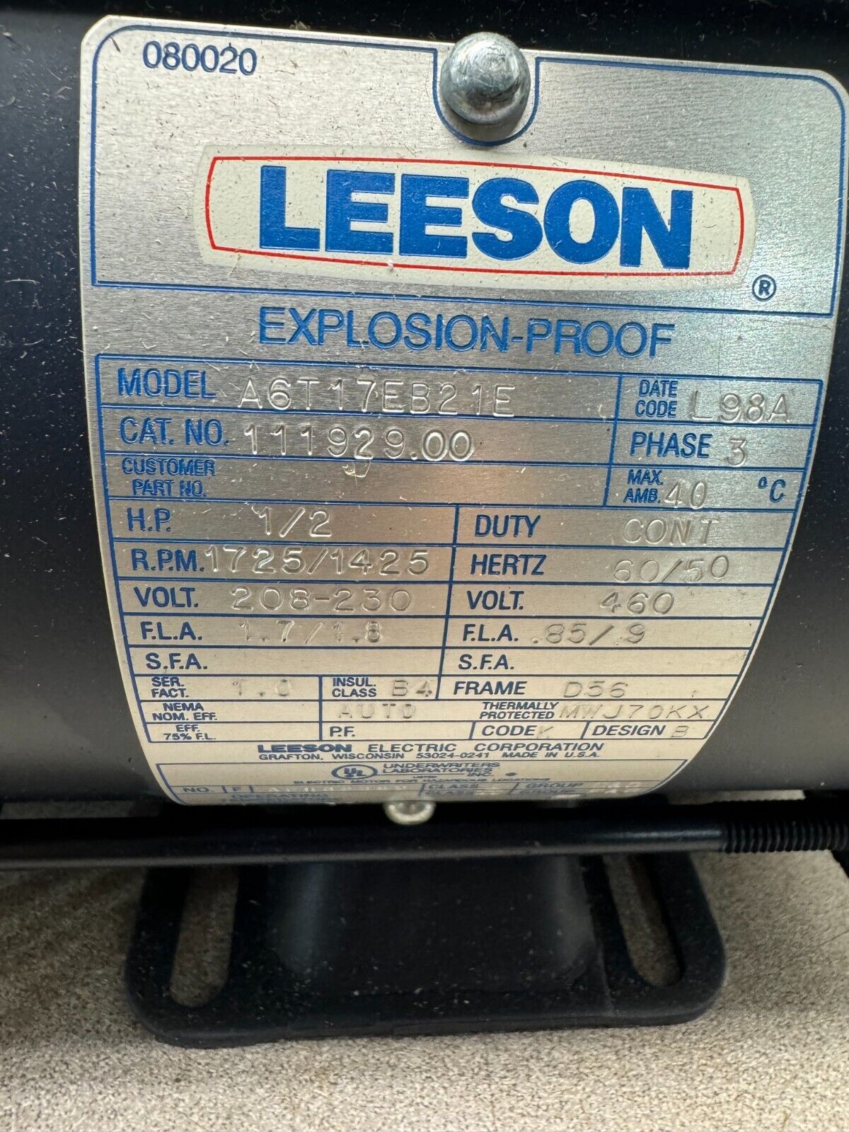 NEW LEESON 111929.00 1/2HP EXPLOSION PROOF MOTOR 1725/1425RPM A6T17EB21E