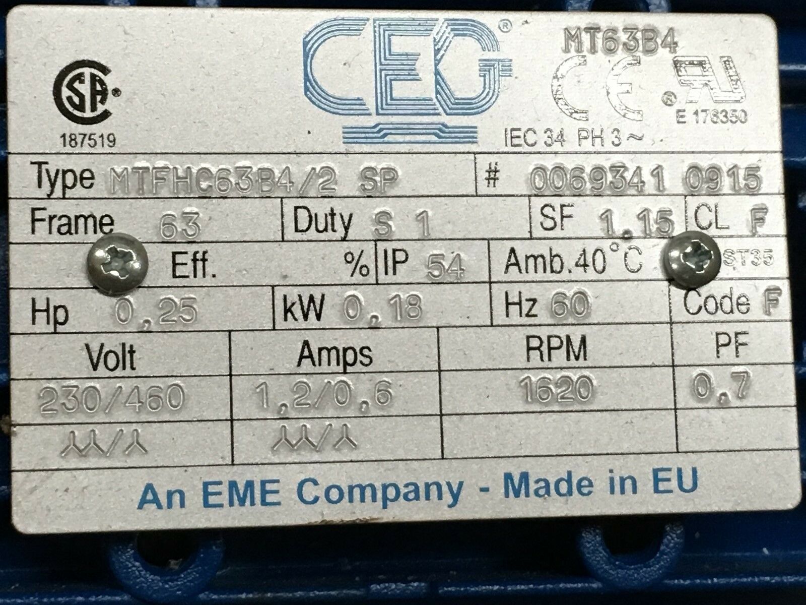 NEW IN BOX CEG .25HP MOTOR MTFHC63B4 /2SP