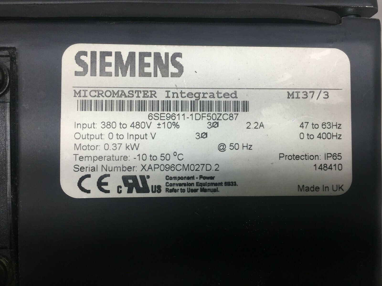 USED SIEMENS / SUMITOMO 380/480 VAC .37KW 3 PH GEAR MOTOR 6SE9611-1DF50ZC87 / F6