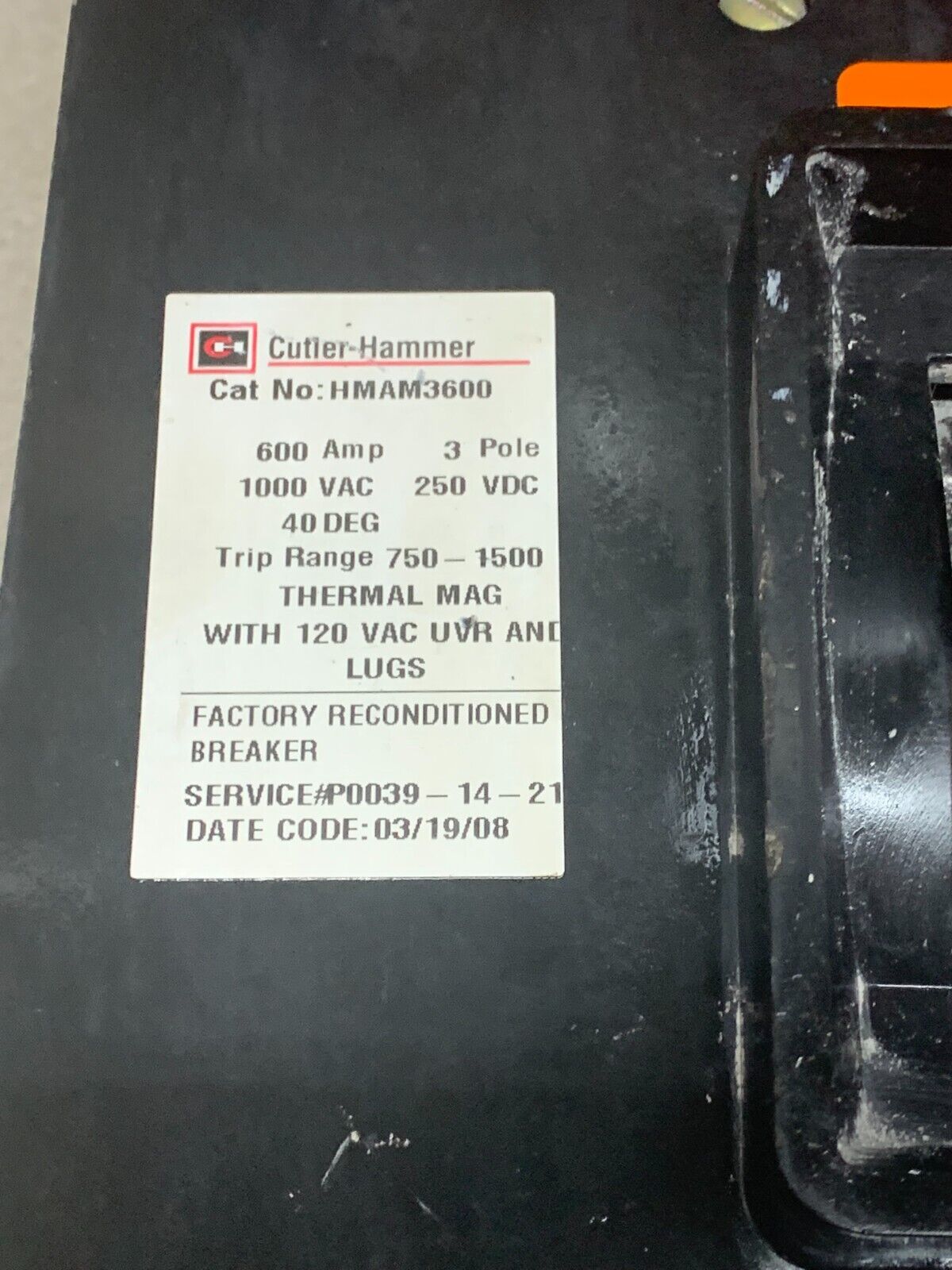 USED CUTLER-HAMMER 3 POLE 600AMP CIRCUIT BREAKER HMAM3600 WITH 80E4619 TRIP