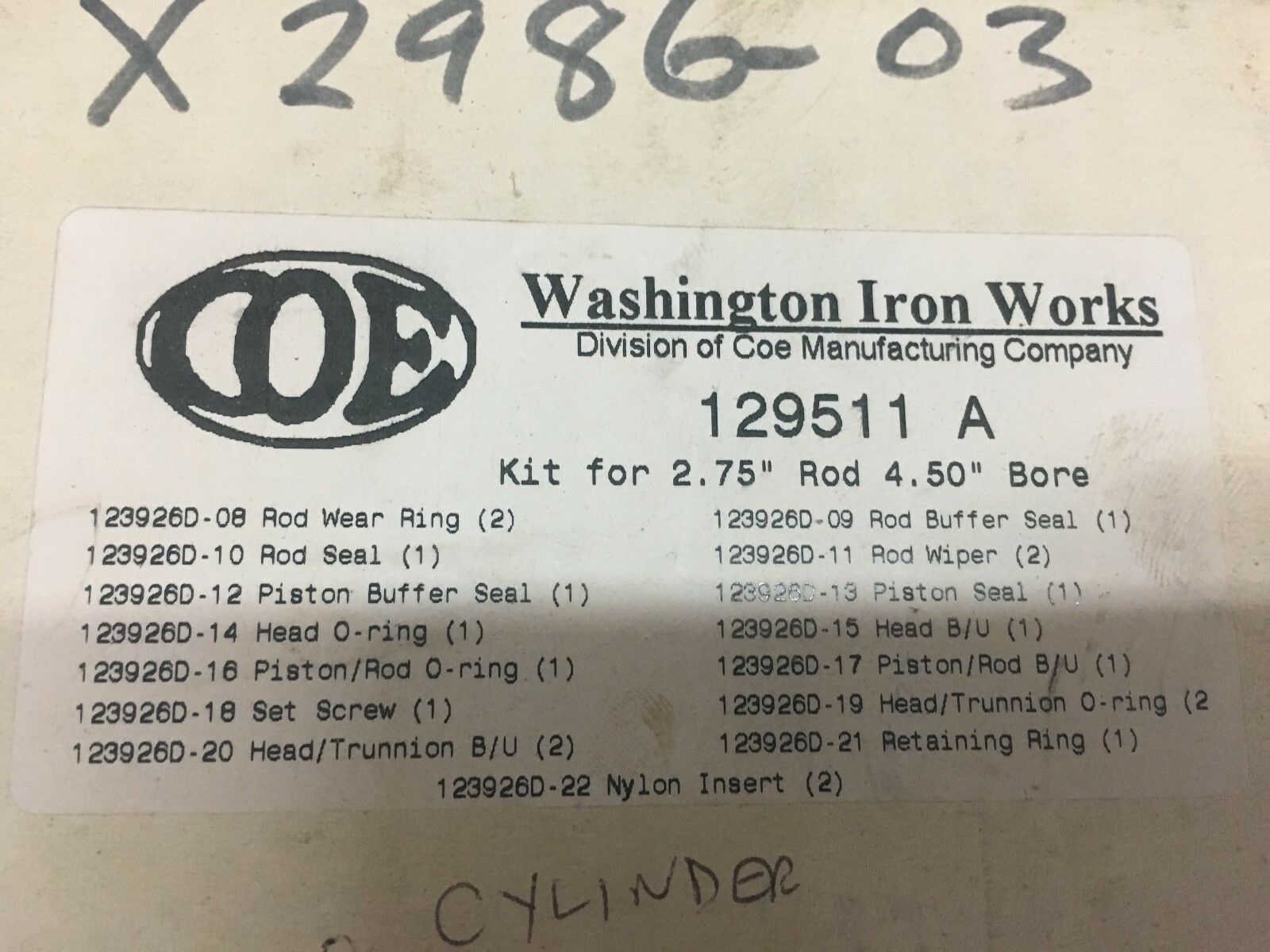 NEW IN BOX WASHINGTON IRON WORKS CYLINDER 129511 A