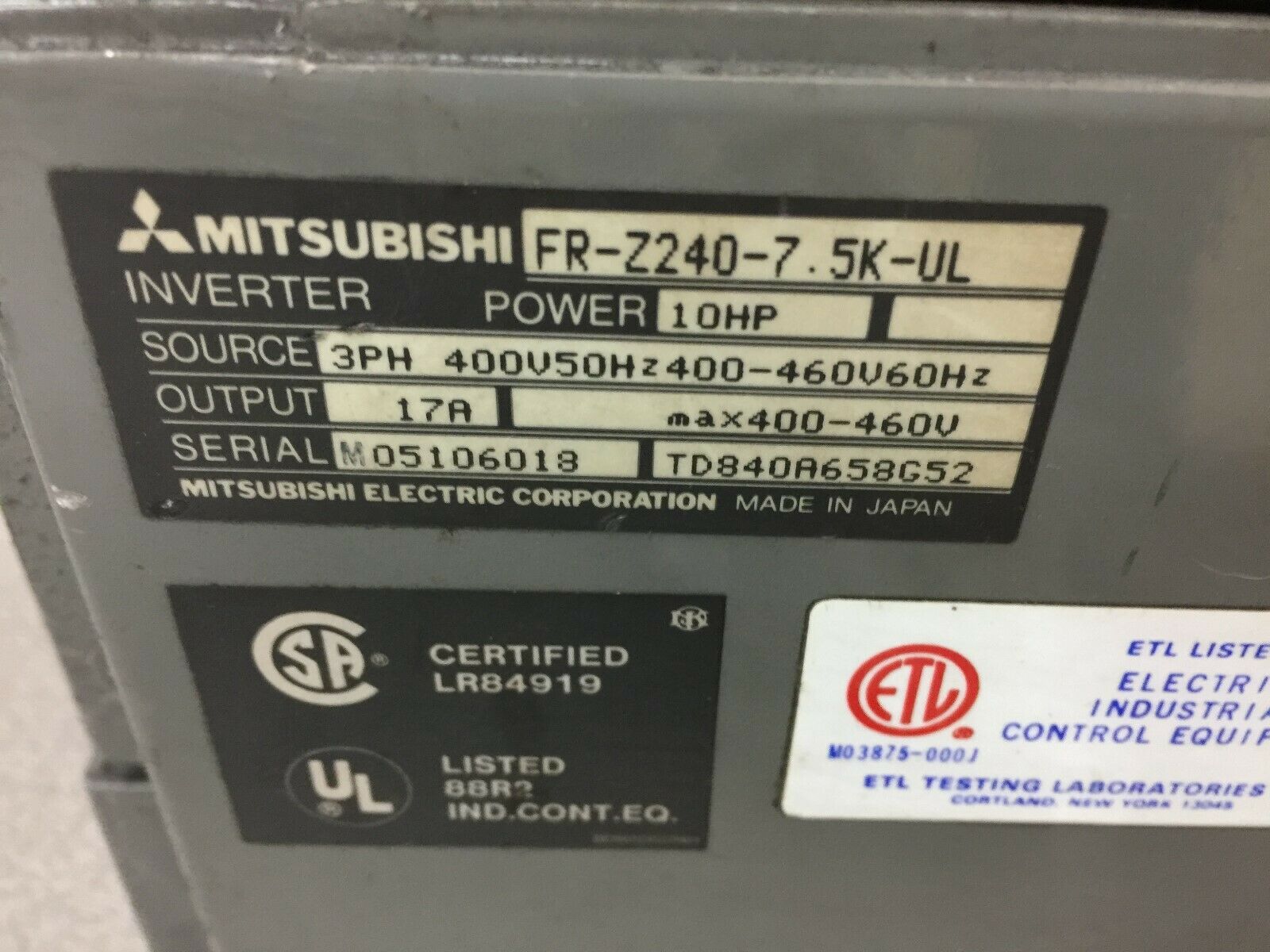 USED MITSUBISHI 10HP 3PHASE 400-460VAC 17A IVERTER DRIVE FR-Z240-7.5K-UL