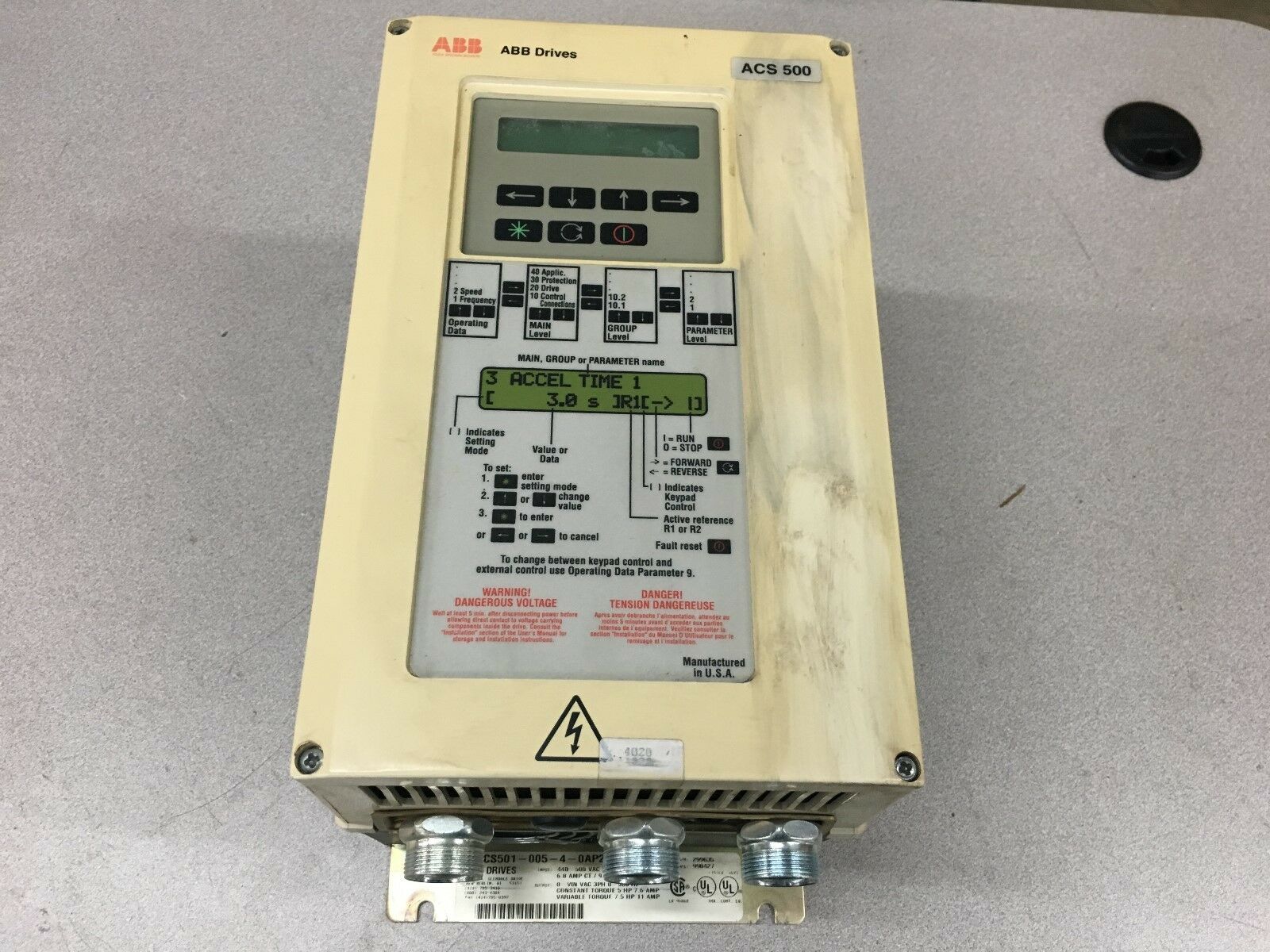 USED ABB ACS 500 7.5HP VARIABLE SPEED DRIVE ACS501-005-4-0AP2