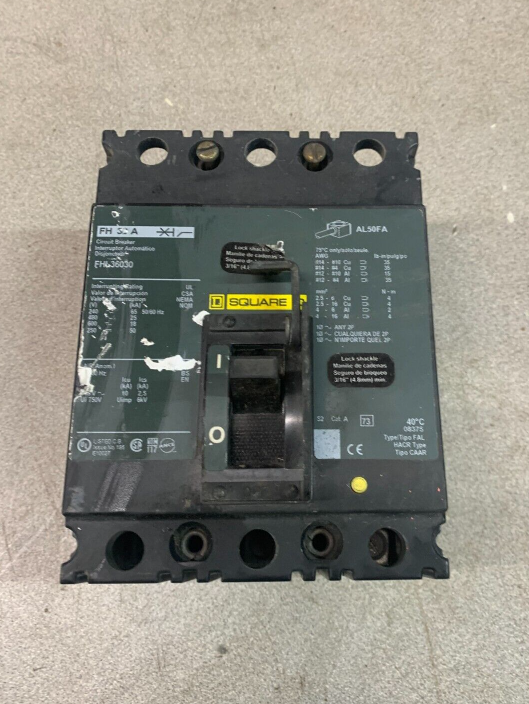 USED SQUARE D 3 POLE 30AMP CIRCUIT BREAKER FHL36030