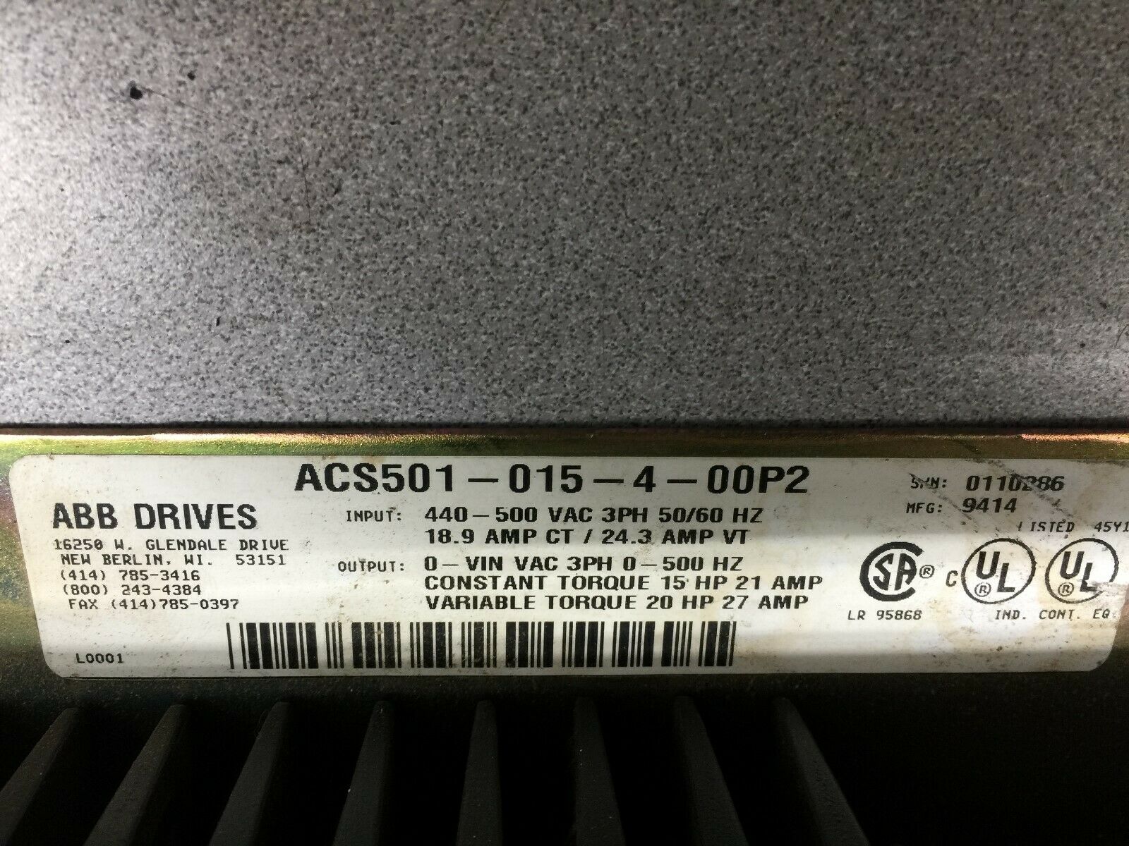 USED ABB ACS 500 440-500 VAC 3 PH 0-500 HZ 15 HP VARIABLE FREQUENCY DRIVE ACS501