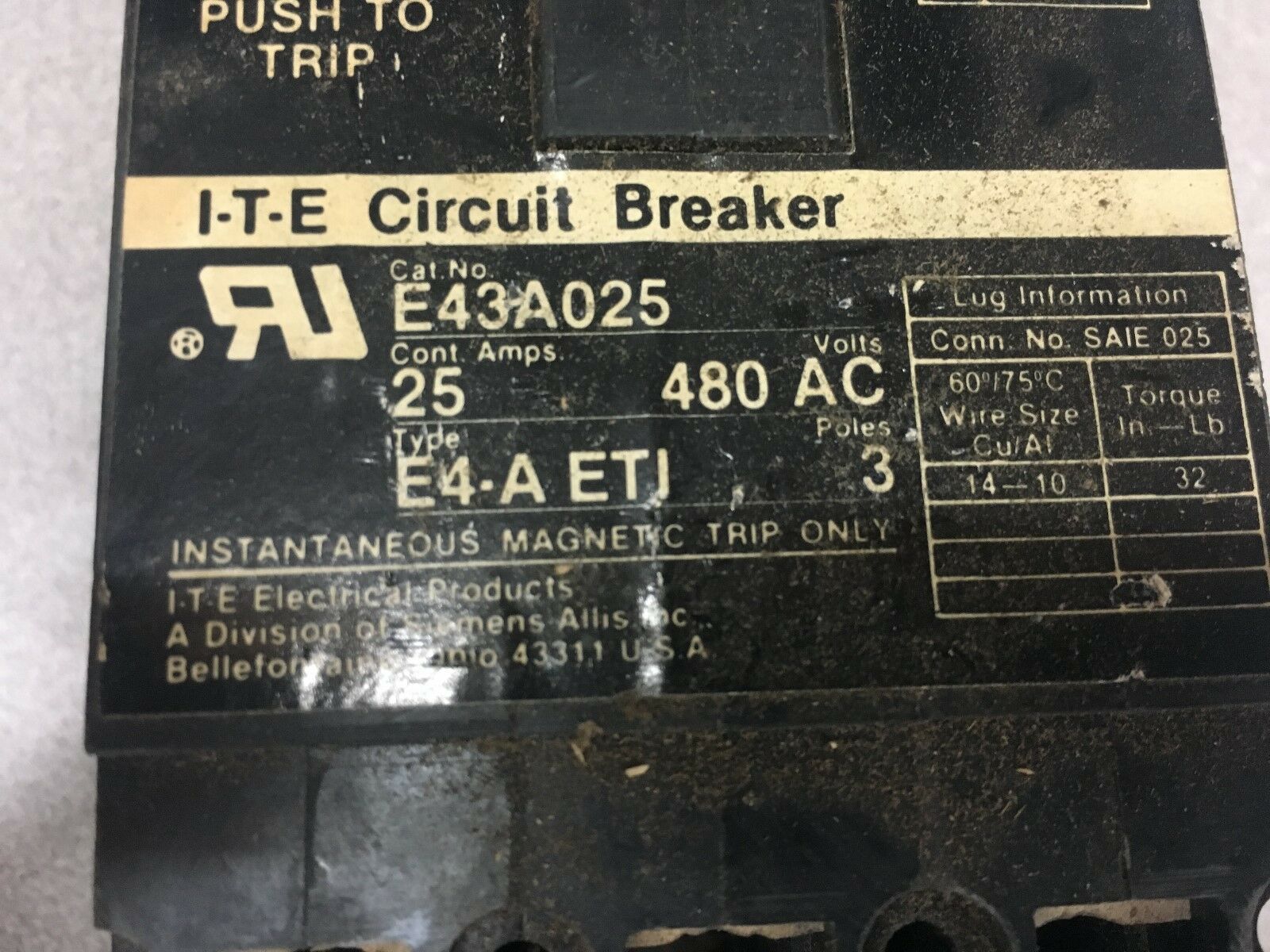 USED SIEMENS CIRCUIT BREAKER E4-A-ETI