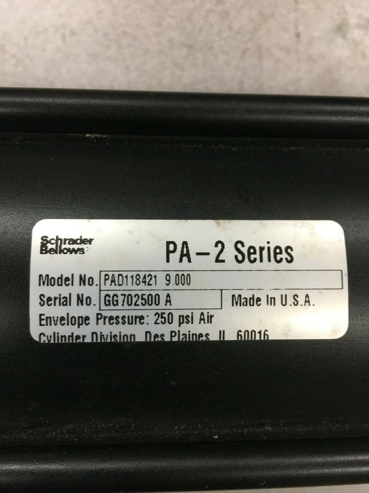 NEW NO BOX SCHRADER BELLOWS PA-2 SERIES CYLINDER PAD118421 9.000