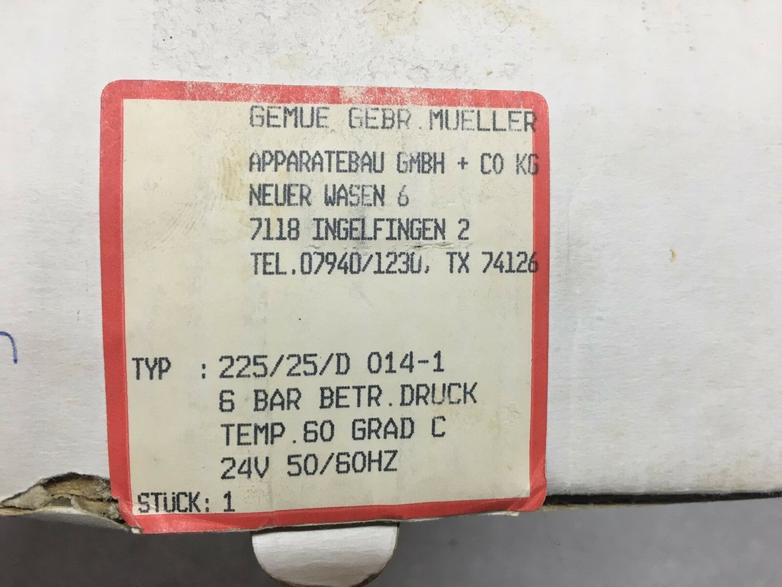 NEW IN BOX GEMUE TYPE 205 PLASTIC VALVE 225/25/D 014-1