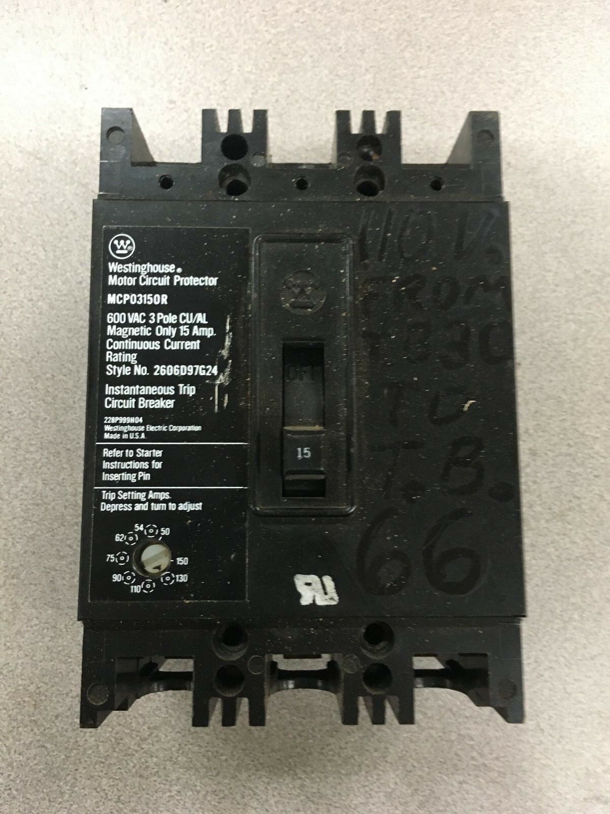 USED WESTINGHOUSE 3 POLE 15AMP CIRCUIT BREAKER MCP03150R