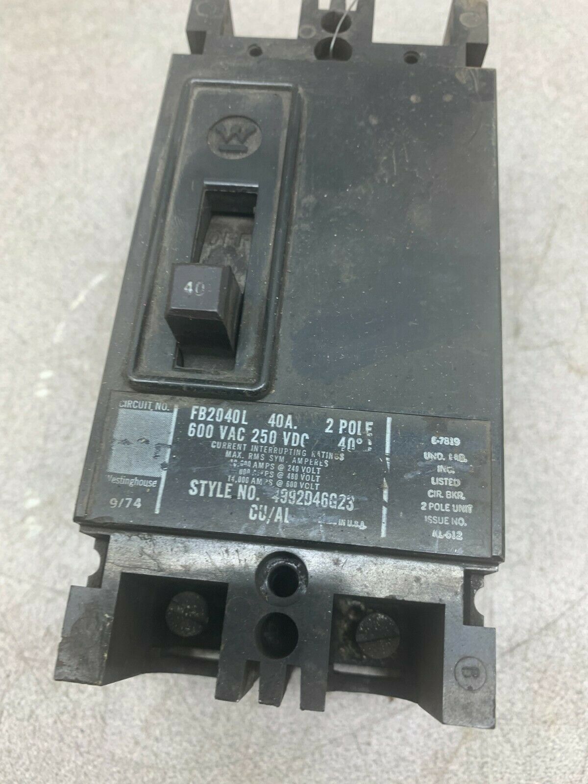 USED WESTINGHOUSE 2 POLE 40AMP CIRCUIT BREAKER FB2040L