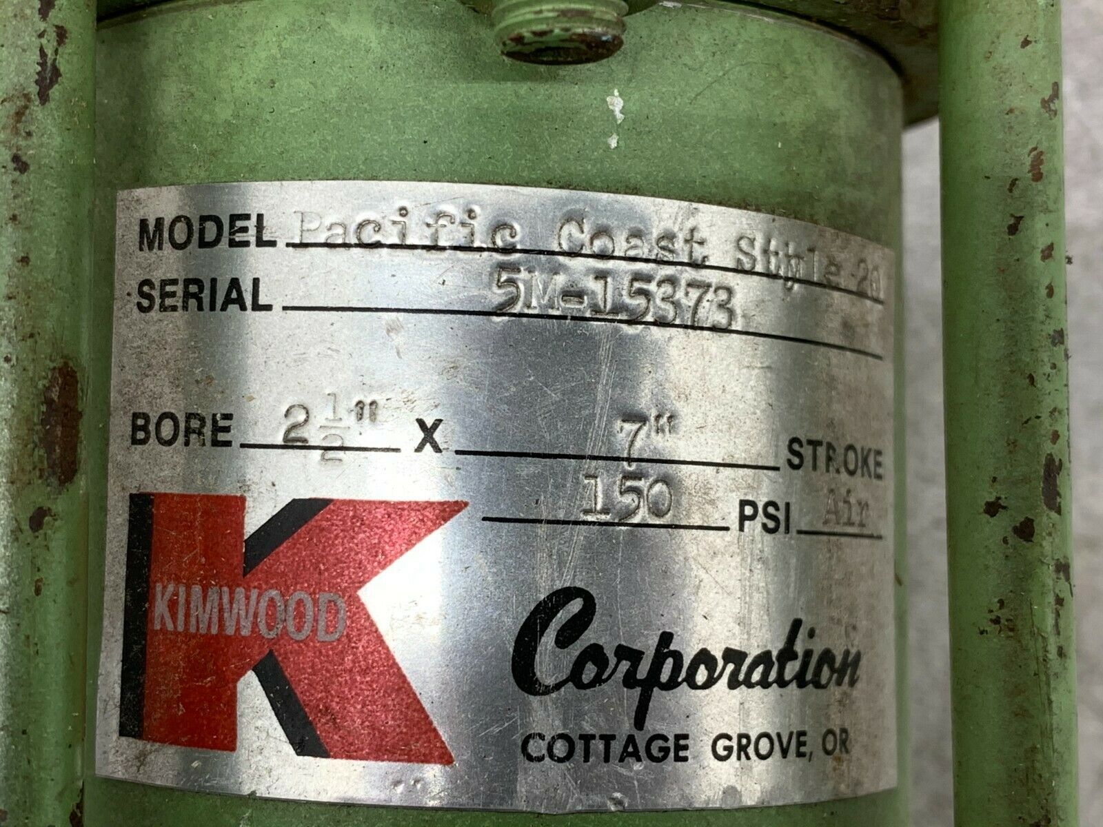 USED KIMWOOD CYLINDER PACIFIC COAST STYLE 20 2-1/2" BORE 7" STROKE 5M-15373