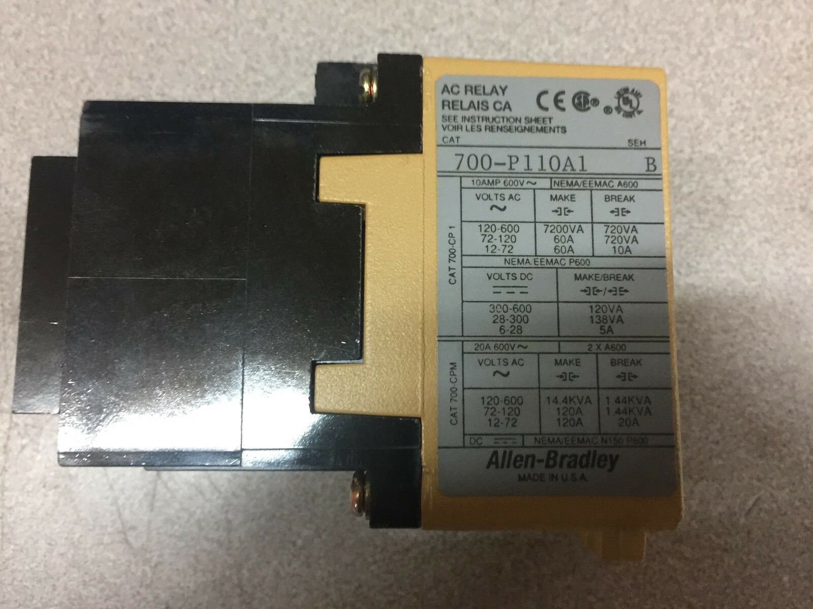 NEW NO BOX ALLEN BRADLEY CONTROL RELAY 120V COIL 700-P110A1/B