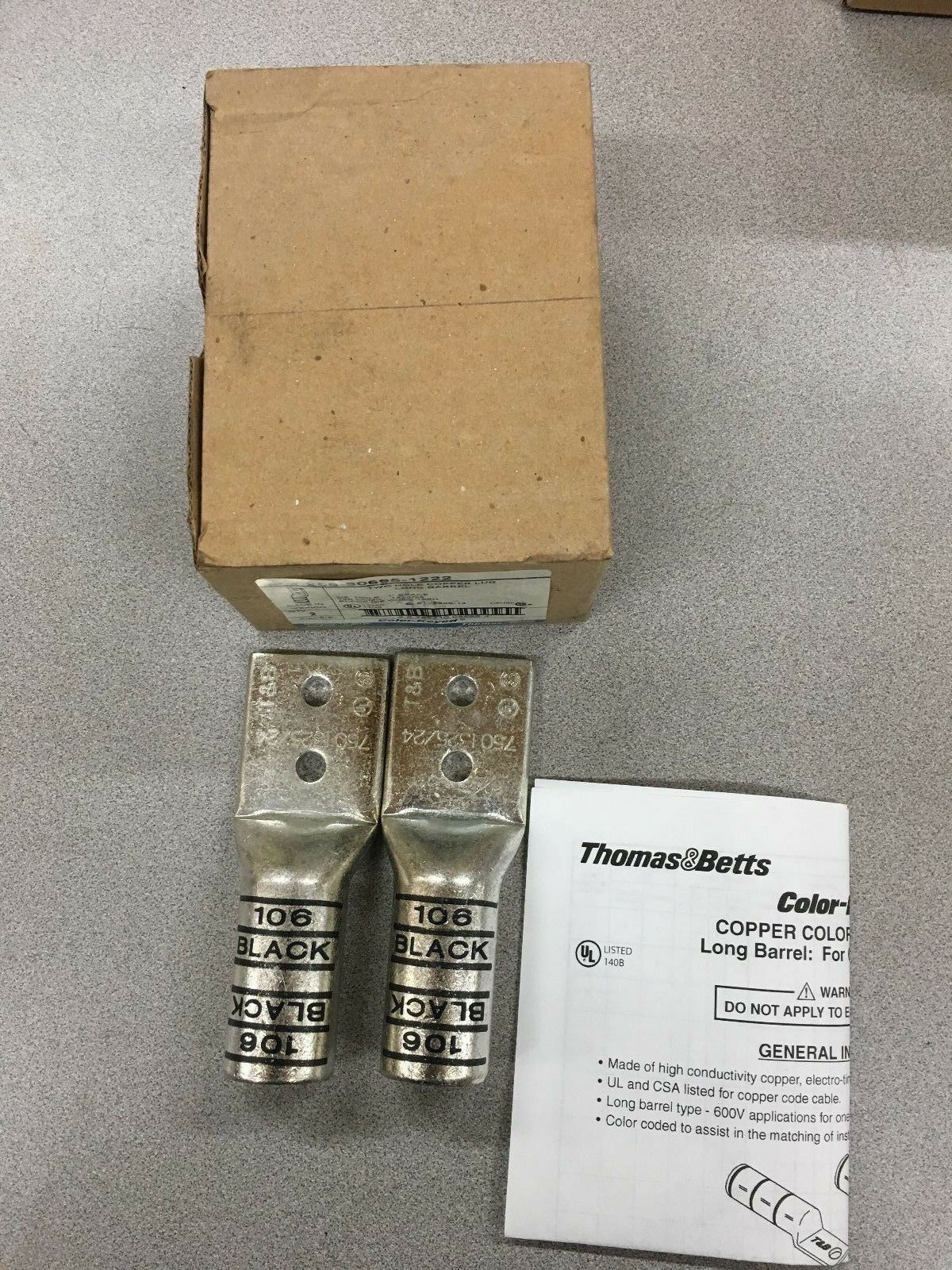 NEW BOX OF 2 THOMAS & BETTS TWO HOLE LONG BARREL COPPER LUGS 256-30695-1222