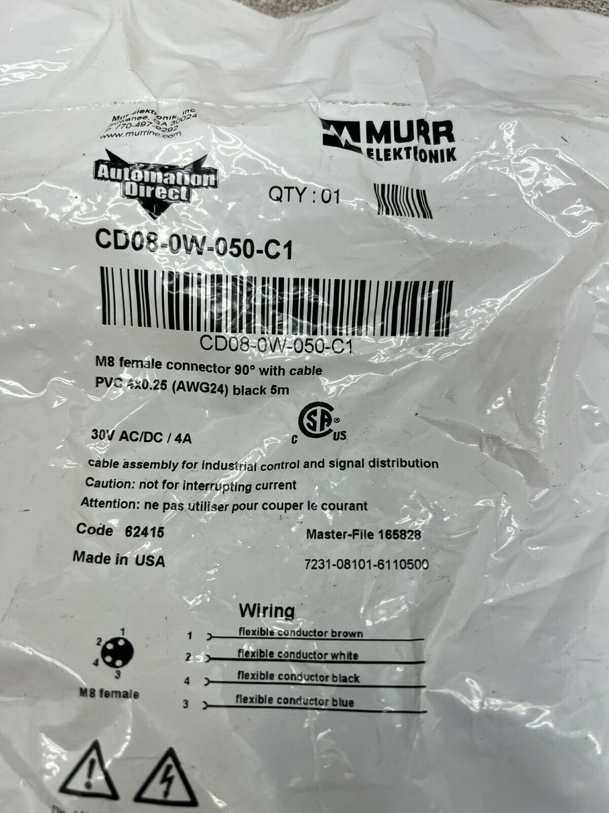 LOT OF 2 NEW IN PACKAGE MURR CONNECTOR WITH CABLE CD08-0W-050-C1