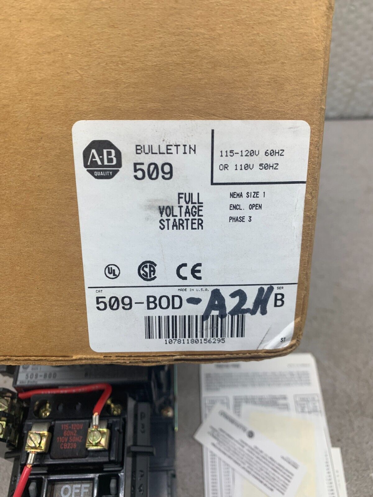 NEW ALLEN-BRADLEY SIZE 1 STARTER 110/120V. COIL 509-BOD-A2H WITH 592-A2HA