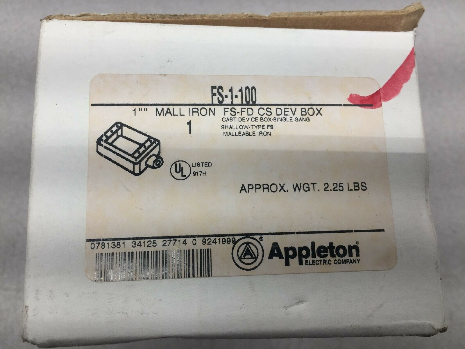 NEW IN BOX APPLETON 1" MALL IRON FS-FD CS DEV BOX FS-1-100