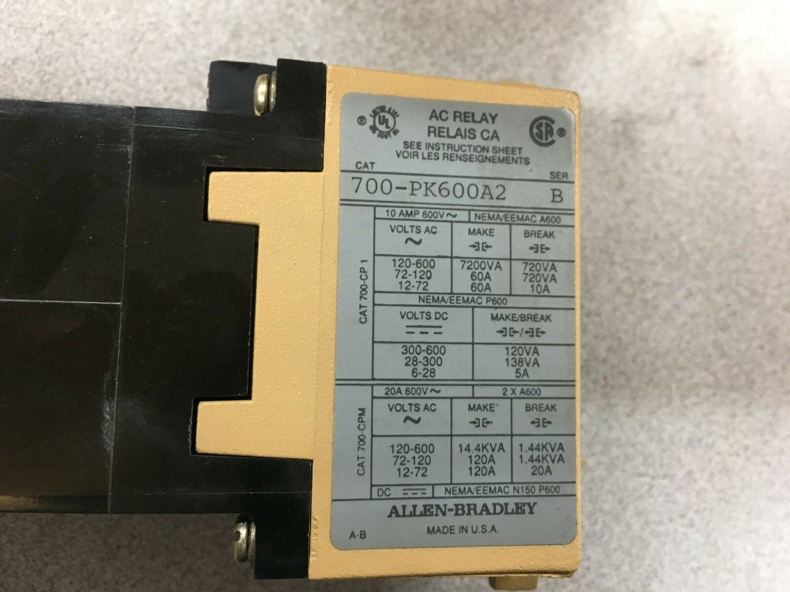 NEW IN BOX ALLEN-BRADLEY TYPE PK CONTROL RELAY 700-PK600A2 SERIES B