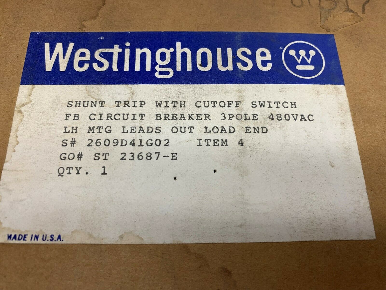 NEW IN BOX WESTINGHOUSE BREAKER 2609D41G02